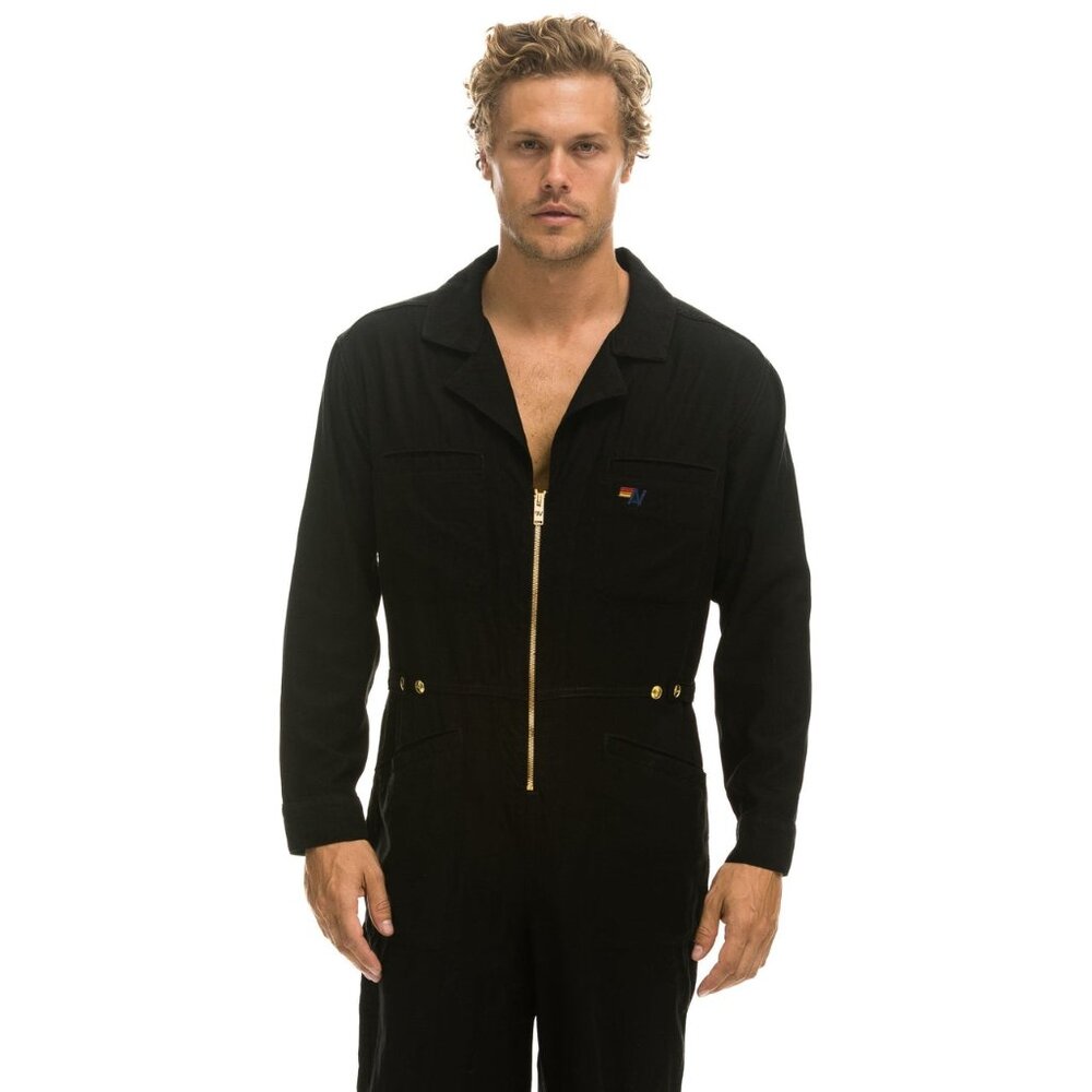 Aviation Black Utility Zip-Front Jumpsuit Gold Hardware XS - Picture 7 of 8